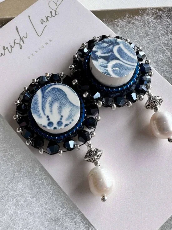 Upcycled Ceramic Pearl Dangle Earrings Blue Statement Studs - Picture 5 of 12